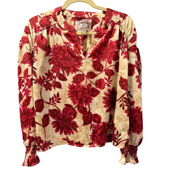 Cupid Red & Cream Floral Long Sleeve Blouse Sz M blouse. NWOT - Picture 7 of 12